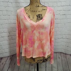 NWT VS Pink Tie Dye V-neck Ribbed Long Sleeve Tee
